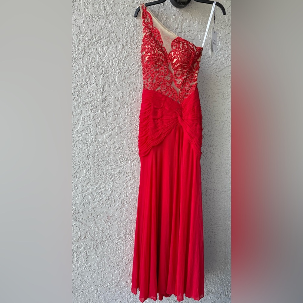 Sherri Hill One Shoulder Embellished Red Evening Prom Gown Maxi dress Sz 0